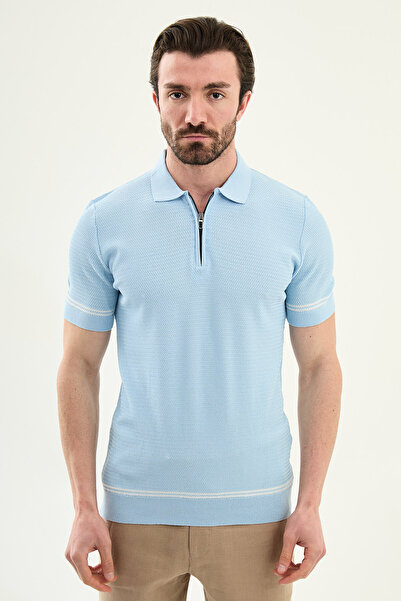 Mcr Stripe Detailed Slim Fit Polo Collar Zippered Men's Knitwear T-Shirt Blue...