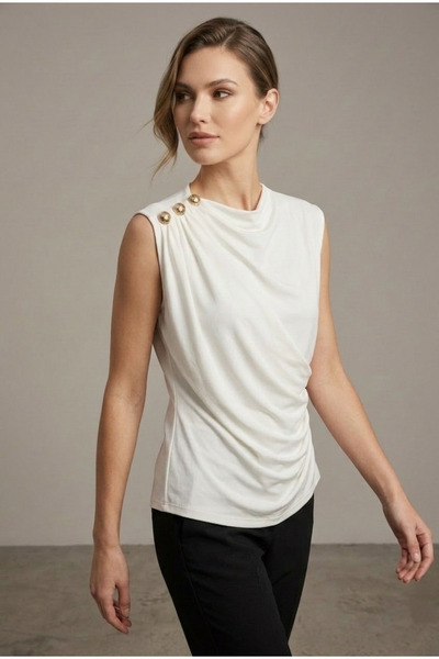 MELA ROSSA Women's Ecru Boat Neck Sleeveless Sandy Fabric Blouse with Buttone...