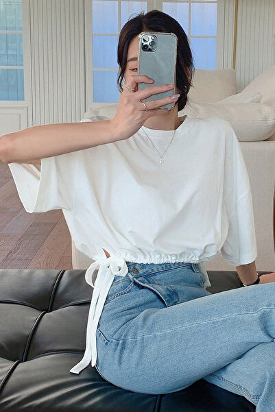 BLUE STREET تي شيرت نسائي أساسي أبيض كبير الحجم برباط جانبي، تي شيرت مريح للا...