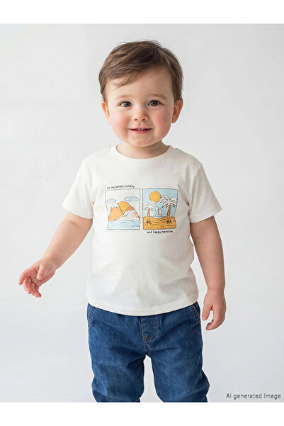 LC Waikiki Lcw Baby Ecru Crew Neck Printed Baby Boy T-Shirt