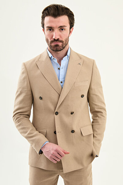 Mcr Straight Slim Fit Wide Collar Double Breasted Pocket 100% Linen Men's Jac...