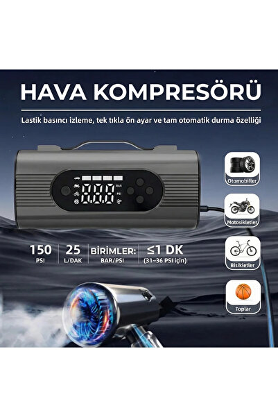Merwish 8in1 Akü Takviye Kompresör 150 PSI Hava Pompası Powerbank Vakum LED Fener Taşınabilir