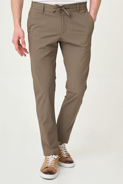 Mcr Straight Super Slim Fit Elastic Waist Drawstring Men's Trousers Khaki - 3...