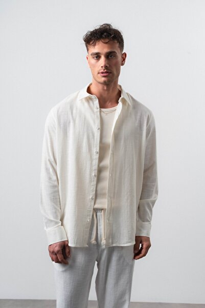 Respire Men's R Embroidered Long Sleeve Oversize Shirt White