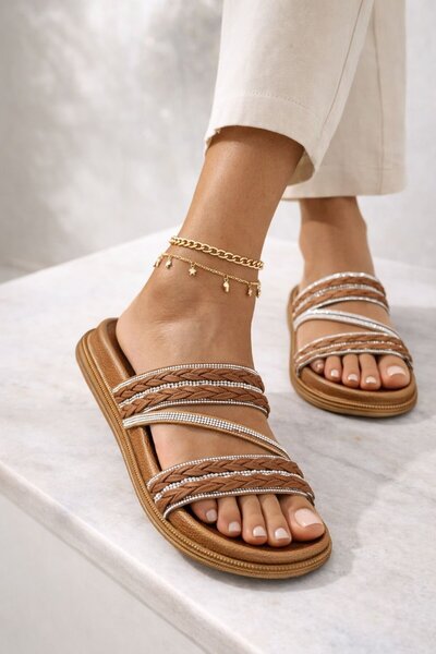 Slipcat Straw Textured Cross Braided Strap Women's Slippers with Stone Detail