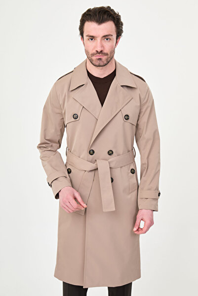 Mcr معطف رجالي طويل بقصة ضيقة وحزام وياقة مزدوجة اللون بيج - 21340.26Y