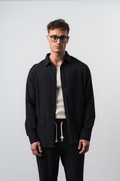 Respire Men's R Embroidered Long Sleeve Oversize Shirt Black