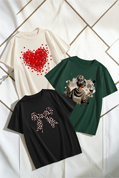 uyguntarz Unisex Beige Black Green 3-Piece Design T-Shirt Set