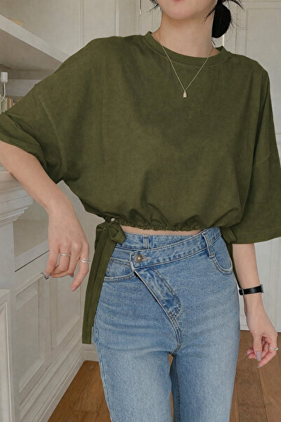 COOL TARZ Γυναικείο κομψό μπλουζάκι χακί oversize με δέσιμο στο πλάι, άνετο κ...