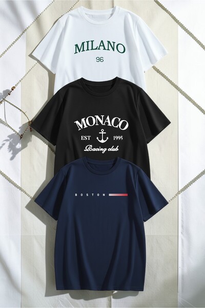 uyguntarz Set de tricouri unisex, alb, negru, bleumarin, cu design din 3 piese