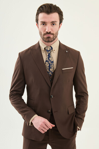 Mcr Straight Slim Fit Wide Collar Men's Suit with Handkerchief Detail Coffee ...