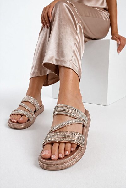 Slipcat Straw Textured Cross Braided Strap Women's Slippers with Stone Detail