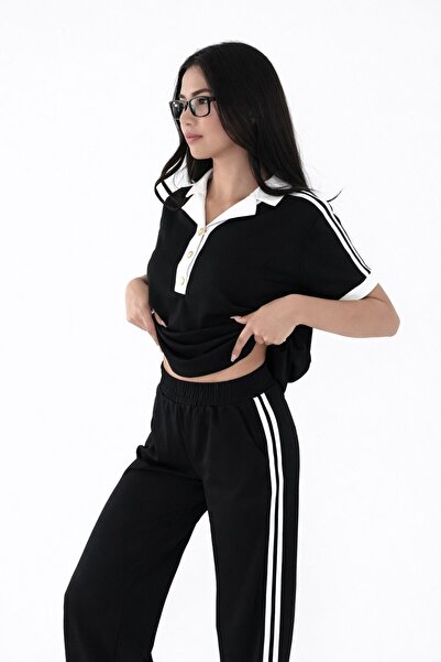 EmcyFiora Kadın Polo Yaka Şerit Detaylı Spor & Şık Takım