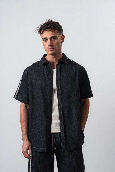 Respire Men's Striped Detailed Long Sleeve Denim Shirt Black