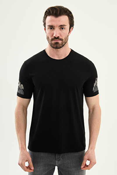 Mcr Plain Slim Fit Embroidered Sleeve Crew Neck Men's T-Shirt Black - 36872.26Y