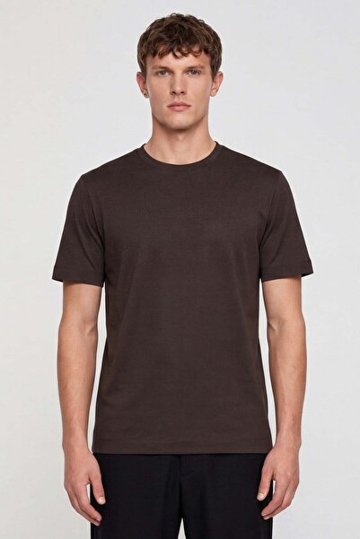 Sabri Özel Men's Dark Brown Modern Fit 100% Cotton Basic T-Shirt