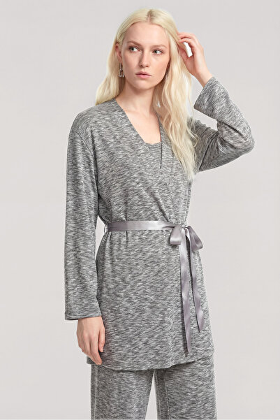 Akbeniz Κοντό Σετ Κιμονό 3 τεμαχίων Γκρι Μελανζέ