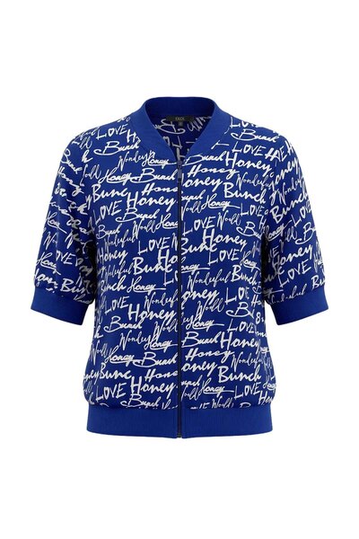 On Fashion Women's Text Patterned Short Sleeve Zippered Cardigan - Saks Blue