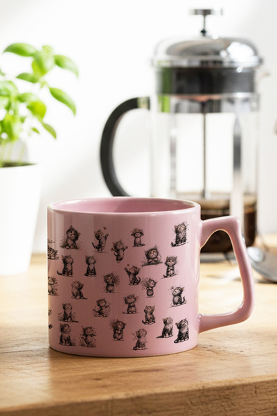 qoeuyl boutique Cheerful Cats Printed Fun Gift Pink Color D Mug