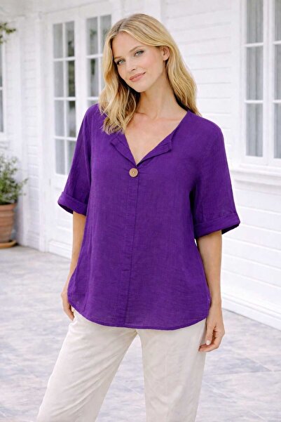 Butik Şans Women's V-Neck Button Detailed Three-Quarter Sleeve Blouse