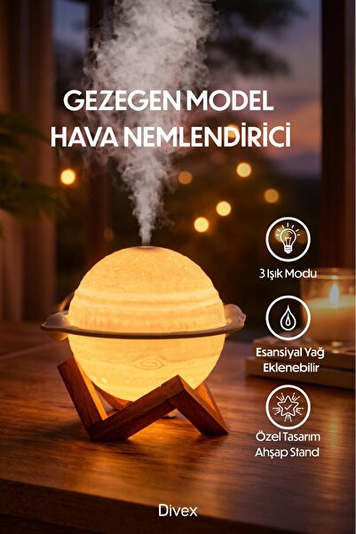 Divex Galaksi Gezegen Hava Nemlendirici - Ahşap Standlı Gece Lambası & Aroma ...