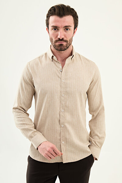 Mcr Striped Slim Fit Stand Collar Long Sleeve Men's Shirt Beige - 27144.26Y