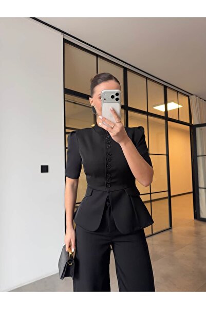 BB Bensu Buyruk Haki̇m Collar Waist-Length Jacket and Pants Suit Black