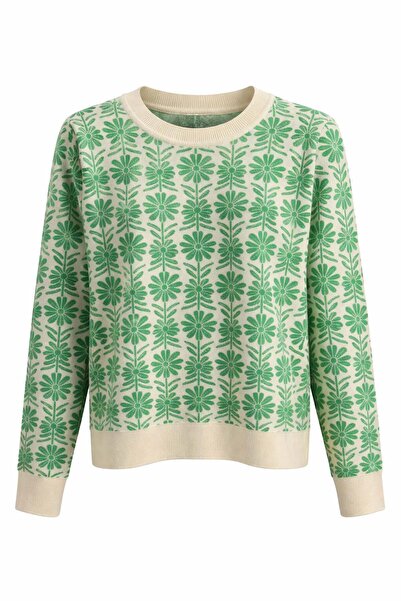 On Fashion Women's Crew Neck Floral Patterned Short Sweater - Green