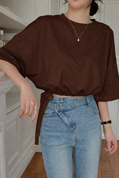 COOL TARZ Γυναικείο κομψό, υπερμεγέθες καφέ μπλουζάκι με δέσιμο στο πλάι, άνε...