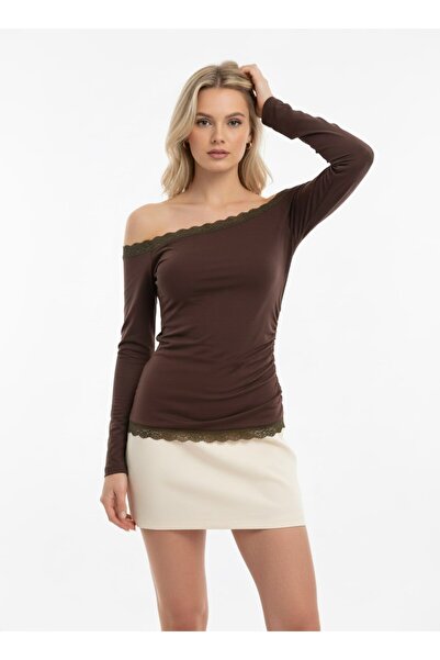 Noi Belis Boat Neck Lace Detailed Knitted Blouse Ss26Bz0087