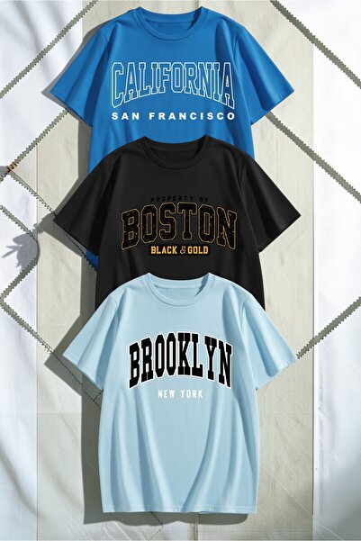 uyguntarz Unisex Blue Black Baby Blue 3-Piece Design T-Shirt Set