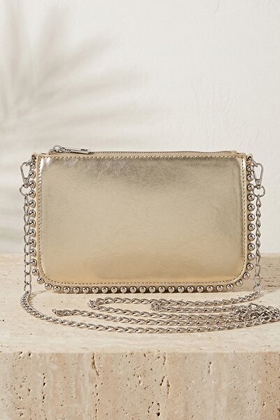 InStyle Gold Women's Bag with Staple Detail and Chain Strap