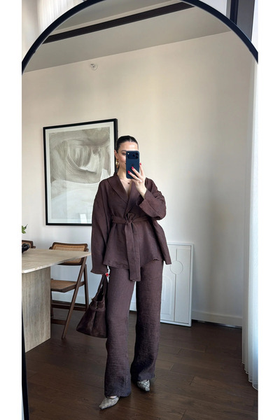 My Blog Brown Special Fabric Kimono Belted Set - 51100