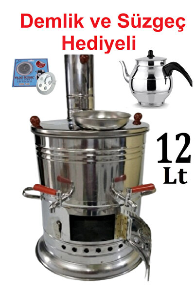 Saule 12 Litre Paslanmaz Metal Odunlu Kömürlü Çay Semaveri Büyük Çift Muslukl...
