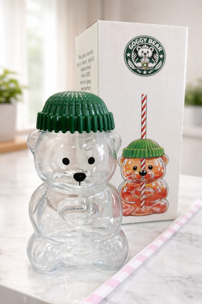 Home Barista Glass Cold Drink Cup Teddy Bear Cup 500 ml Cute Glass Mug with Lid