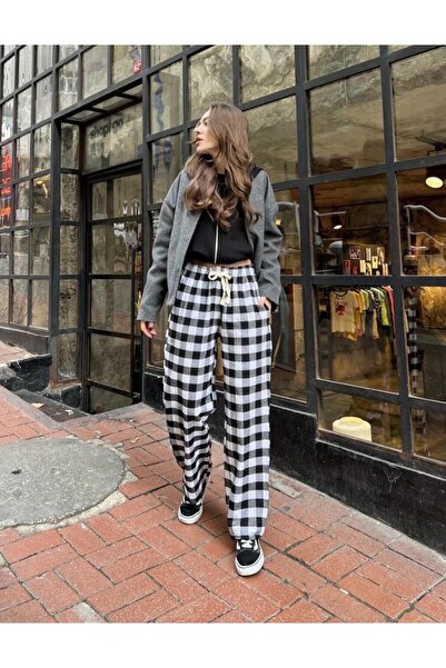yesmoda Plaid Patterned Lace-Up Sweatpants