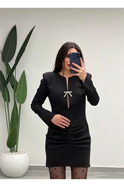 MARGA V-Neck Draped Bow Detail Dress Black