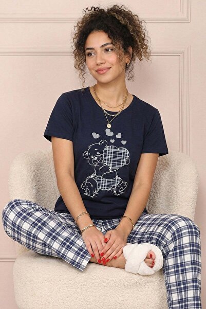 Niket Life Women's Teddy Bear Patterned Plaid Short Sleeve Long Cotton Pajama...