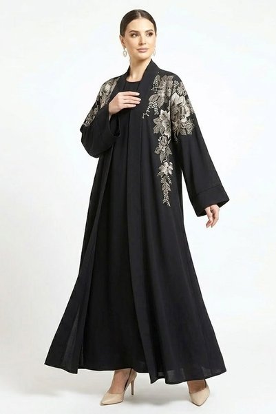 Muchmy 2 Pieces Nida Fabric Premium Full Black Open Abaya Set With Inner Floral Embroidery Muslim Hijab