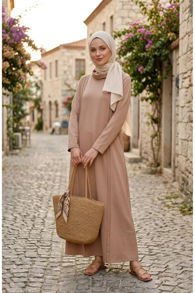 sefamerve Plus Size Piping Detailed Sports Dress 12027-02 Beige