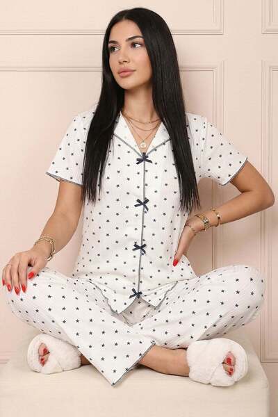 Niket Life Women's Star Patterned Ribbed V-Neck Short Sleeve Long Camisole Pa...