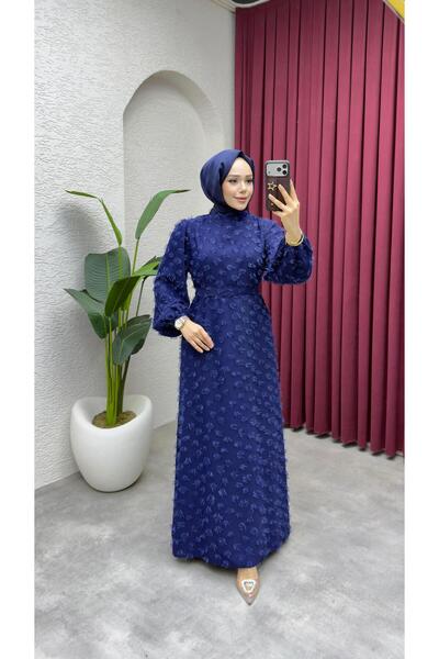 Kalemen Moda Lina Püsküllü Krep Elbise 1011 Lacivert