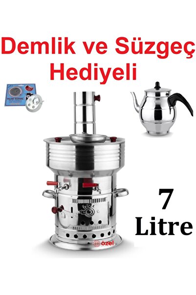 Saule 7 Litre Paslanmaz Metal Odunlu Kömürlü Çay Semaveri Büyük ÇİFT Musluklu...