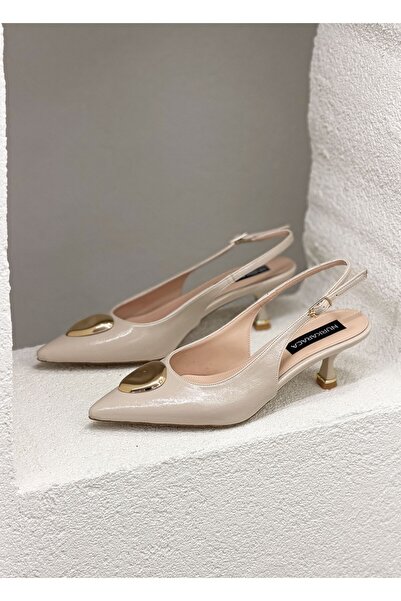 NUR KARACA 1204 Y-2501 حذاء نسائي بكعب رفيع 6 سم مفتوح من الخلف مع مشبك ذهبي ...