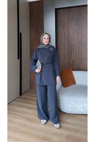 vikitekno طقم نسائي مكون من قطعتين بجودة ممتازة من قماش المودال مع ياقة شال و...