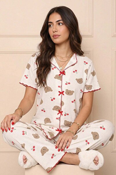 Niket Life Women's Teddy Bear and Cherry Patterned Ribbed V-Neck Short Sleeve...