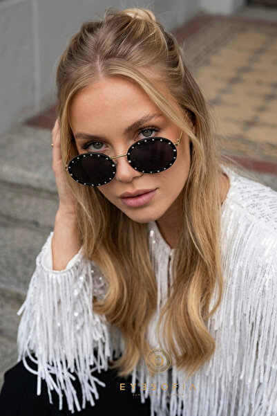 Eyesofia Jeweled Women's Oval Black Sunglasses with Silver Stone Accessories,...