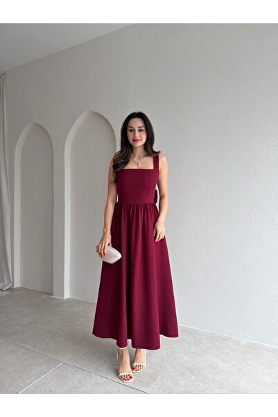 Mooi Butik Lydi̇a Bow Detailed Maxi Dress 4818 - Burgundy