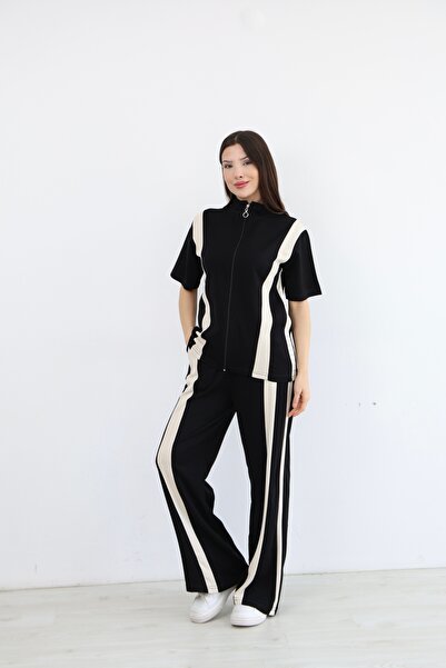 sportiness Zipper Detailed, Decorated, Wide Leg Modal Fabric Tracksuit Set