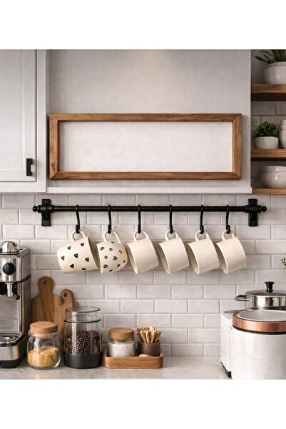 Keyfi Sepet 55 cm Wall Mounted Cup Hanger Black Metal Mug Hanger Kitchen Orga...